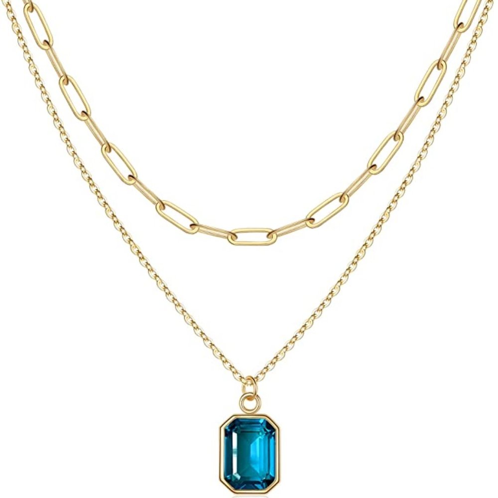 Women, Real Gold Plated Birthstone Necklace for Women Layered Paperclip Chain